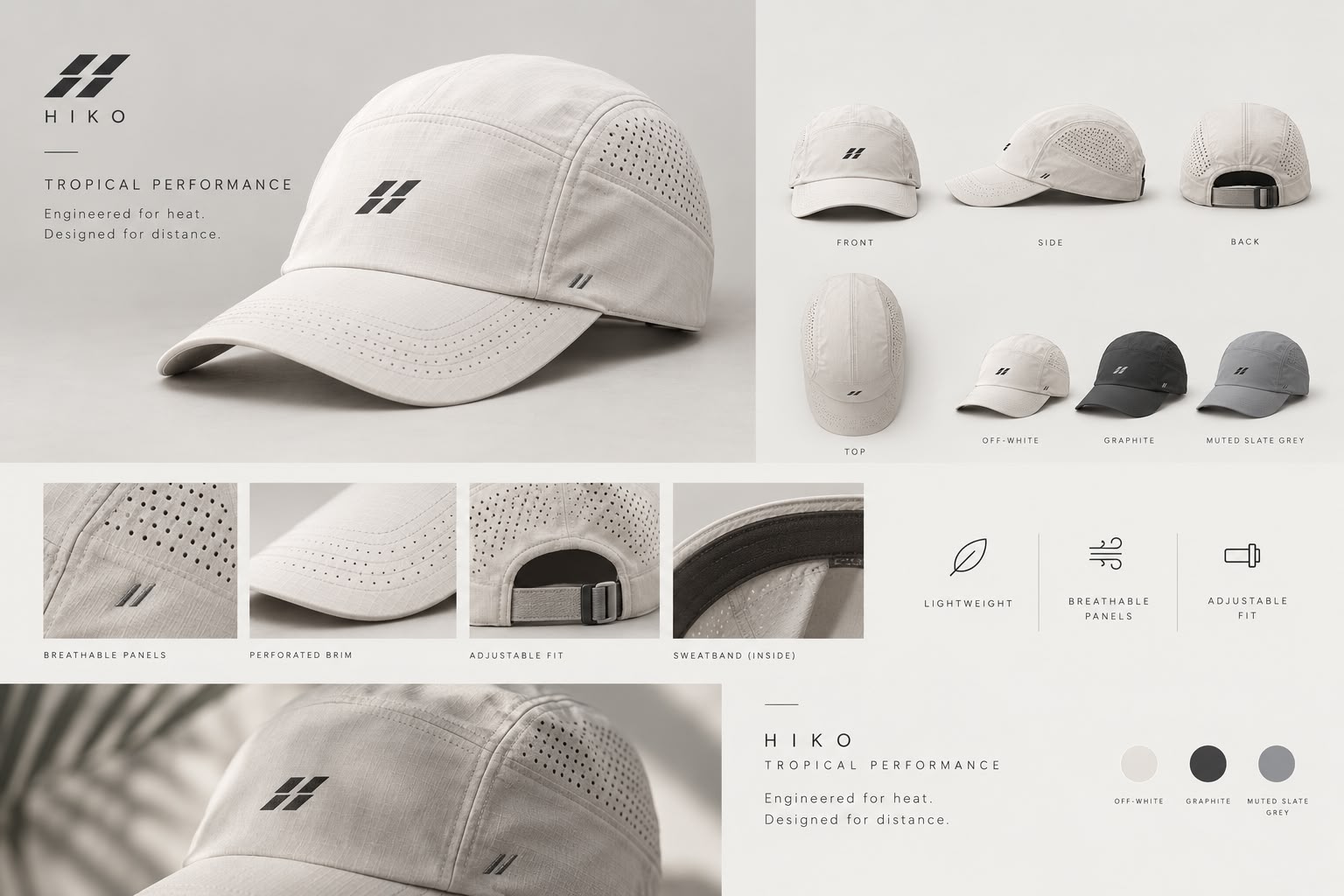Render konsep topi lari HIKO dengan warna off-white dan panel ventilasi